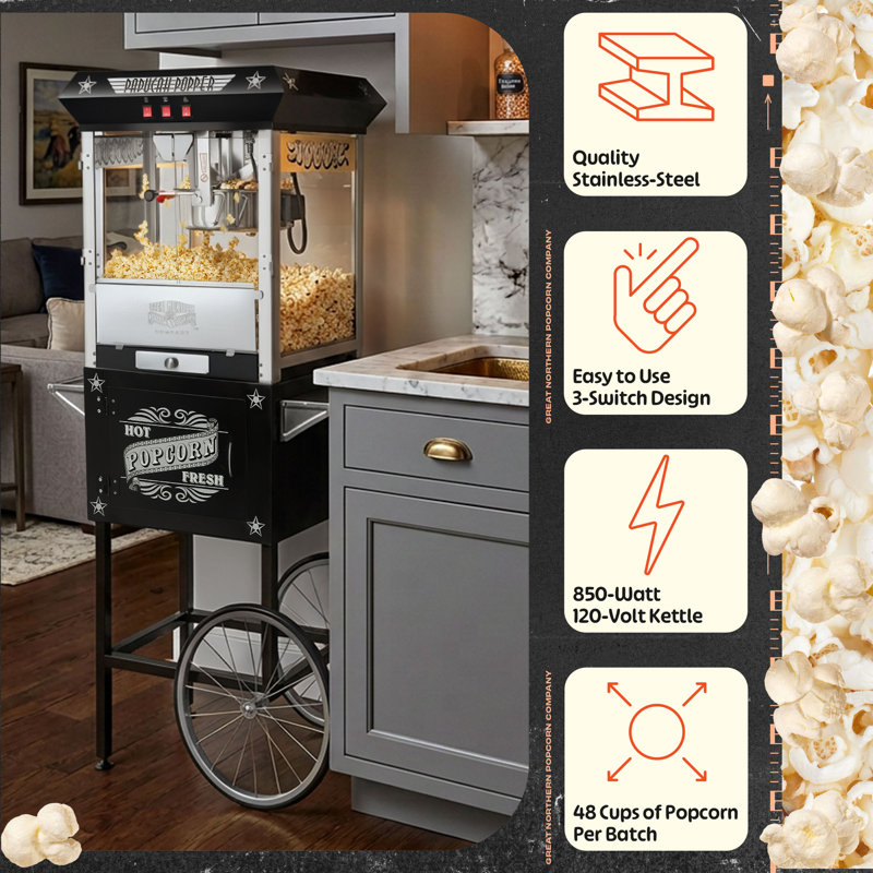 Paducah Popcorn Machine with Cart – 3 Gallon Popcorn Popper – 8oz Kettle, Old Maids Drawer, Warming Tray, and Scoop by Great Northern Popcorn (Black)