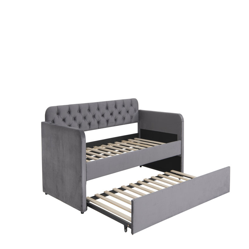 Lit de jour simple rembourré avec couchette et charge USB, structure de lit de jour rembourrée en velours, Gris foncé