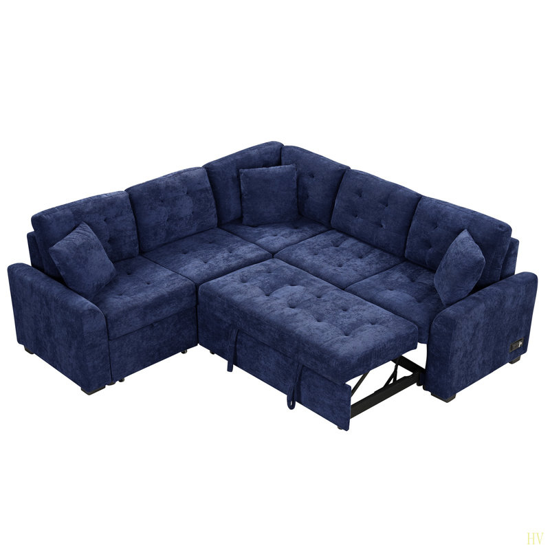 Canapé-lit escamotable en forme de L 82,6 po avec roulettes, ports USB, prises de courant pour le salon, Velours bleu