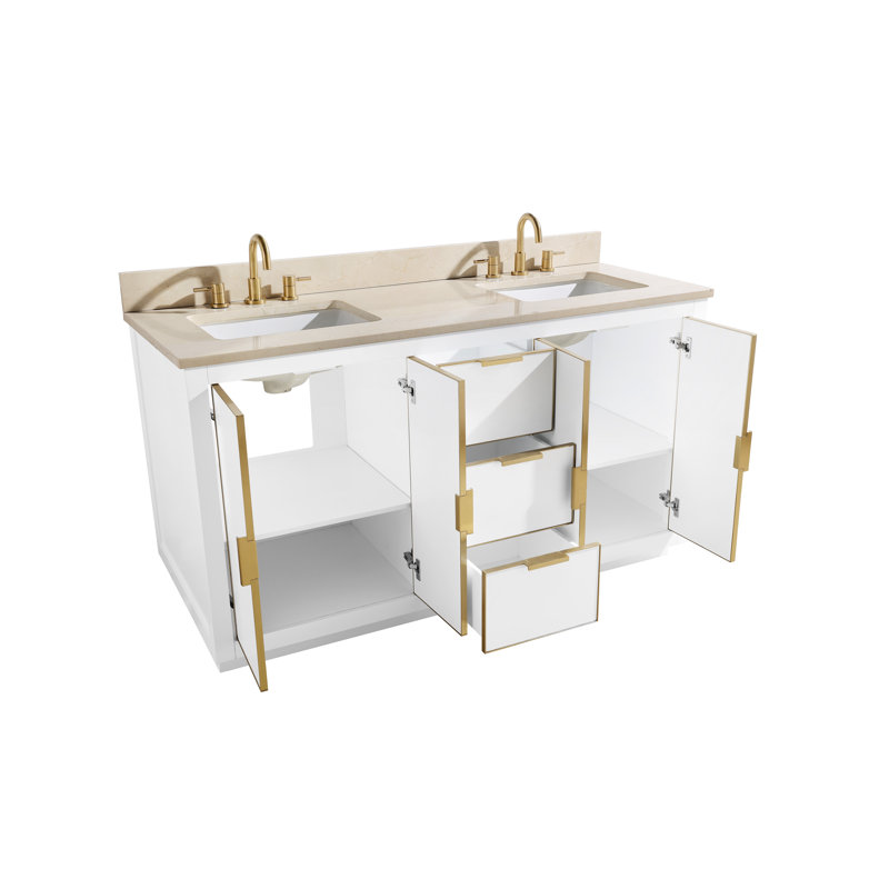 Meuble-lavabo double 61 po Salise, Quartz gris / argent, Blanc