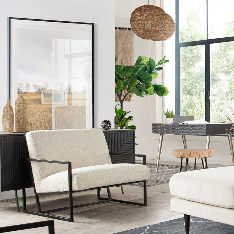 Fauteuil d'appoint de luxe en tissu texturé Bone Boucle avec structure thermolaquée noire