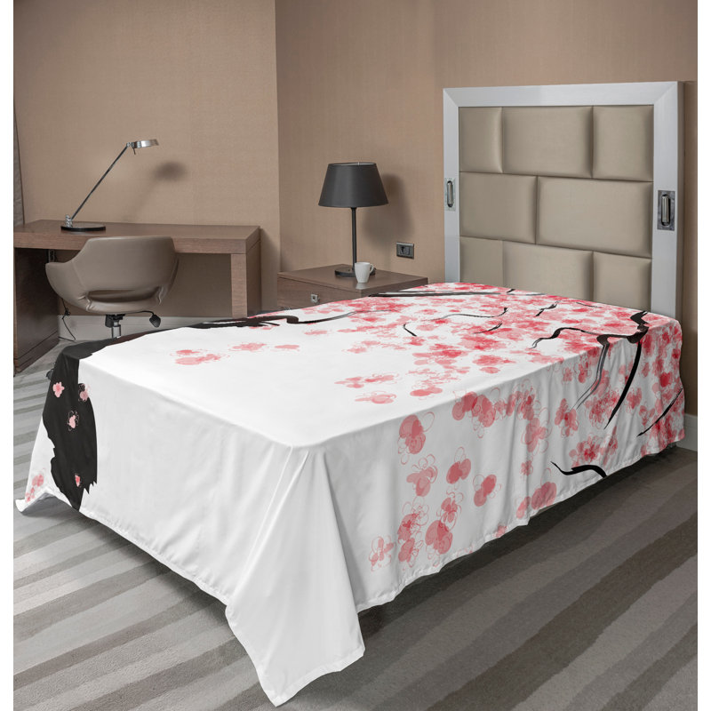 Ambesonne Japanese Top Flat Sheet Watercolor Effect Cherry Black Pink, Twin XL Flat Sheet