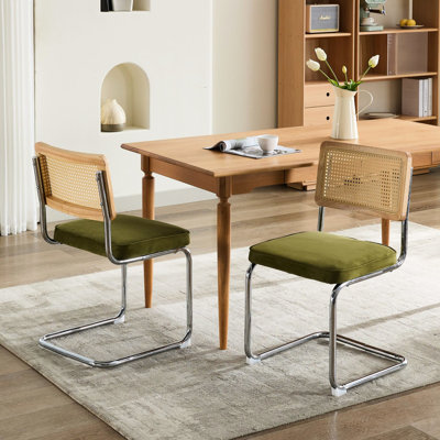 Mid Century Modern Dining Chairs Of 2, Olive Velvet Covered, Natural Cane Back Support, Stainless Steel Base, Style Chair Padded Seat With & Flexible Cantilever Design, Olive , Supports 360 Lbs