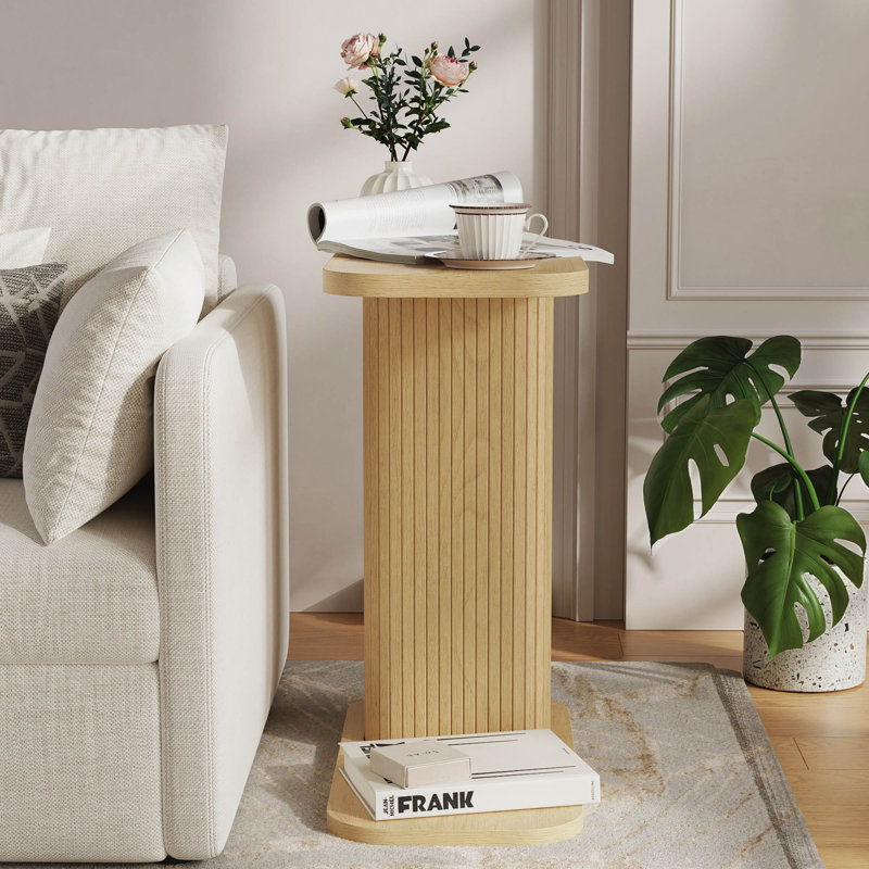 Table de bout cannelée en forme de C avec tablette ouverte, table d'appoint en bois pour canapé et chambre à coucher