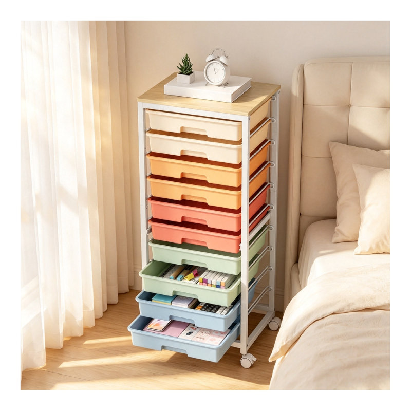 10-Drawer Rolling Storage Trolley with Wooden Top, Mobile Utility Organiser Cart for Office, Bedroom, Kids Room & Craft Room, Rainbow