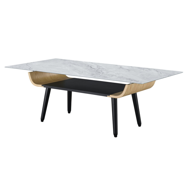 Table basse de 47 po, plateau en verre marbré, table en bois cintré et pieds noirs à texture grise 47 po, fabrication solide