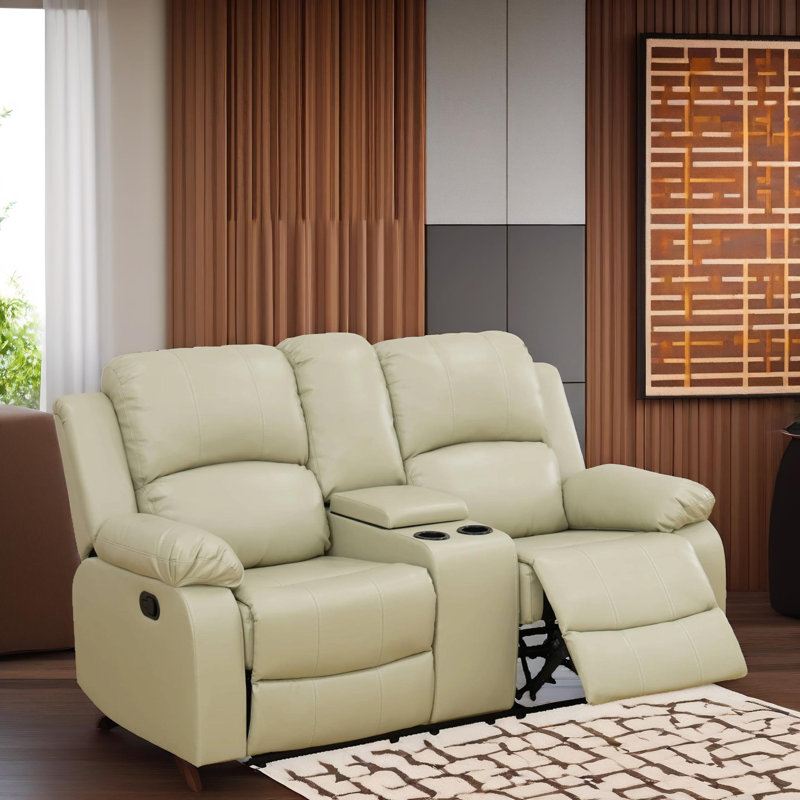 Kora Black Semi PU & PVC Manual Reclining Loveseat With Storage Console And Cup Holders, Black