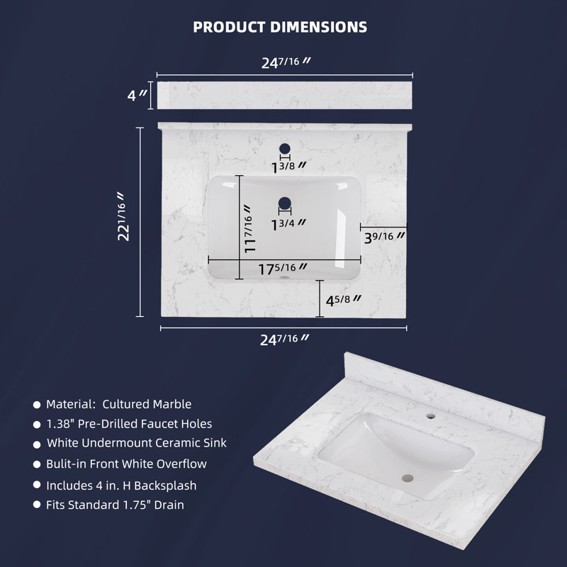 24 po X P 22 po D Comptoir de salle de bain rectangulaire en marbre blanc cultivé