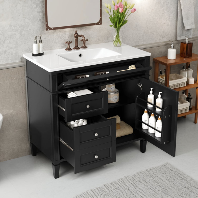 This Single Sink Bathroom Vanity With Overhead Sink Is Paired With A Modern Storage Cabinet With 2 Regular Drawers And 1 Pull-Out Drawer, Which Makes Efficient Use Of Space And Cleverly Combines Practicality And Beauty.