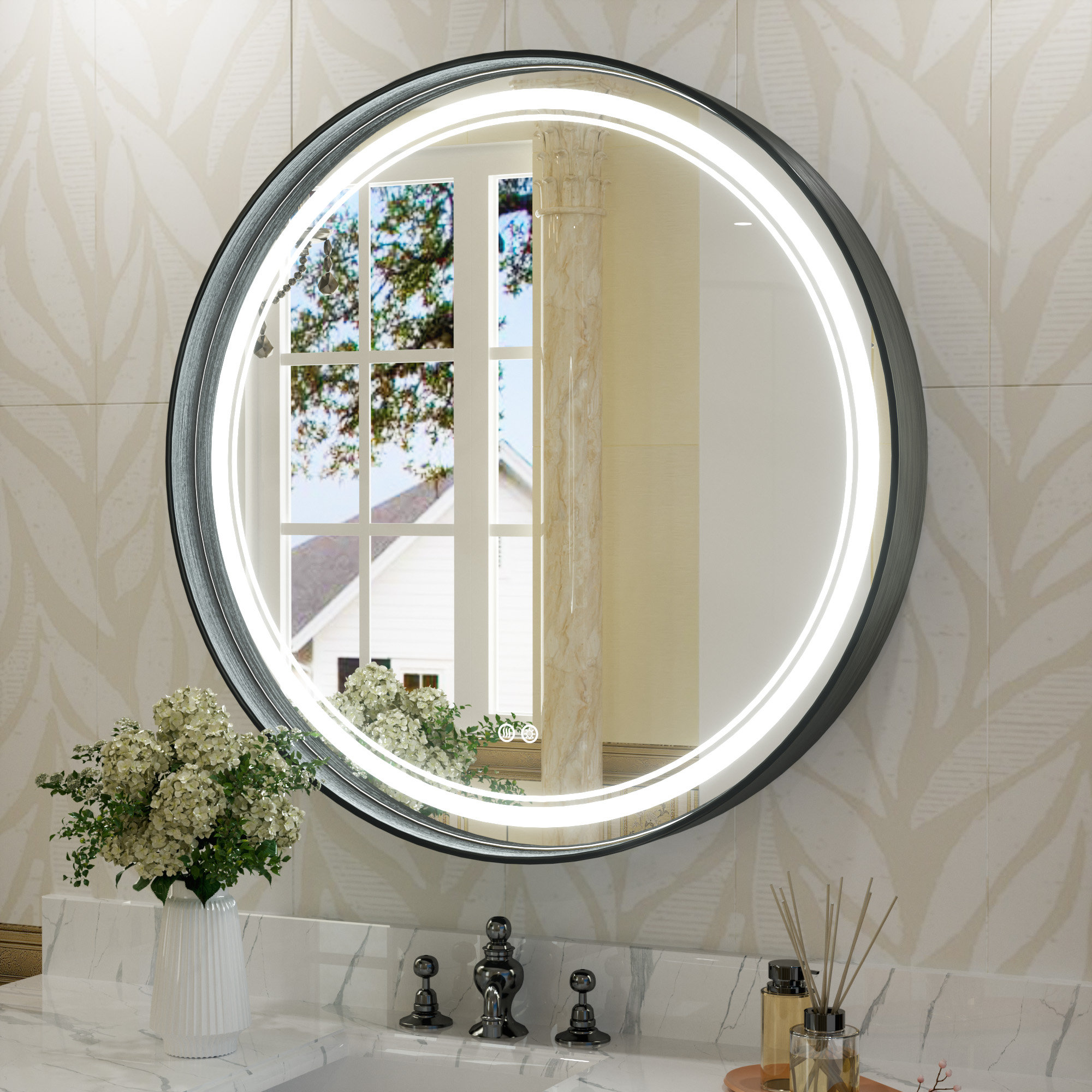 Latitude Run® Lawnmount Round Vanity Mirror LED Lighted Metal Wall ...