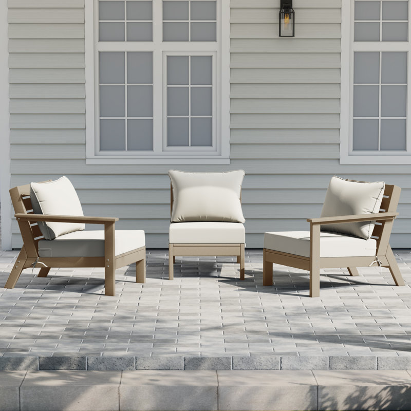 3-Piece Deep Seating Set With Cushions, Light Brown, White