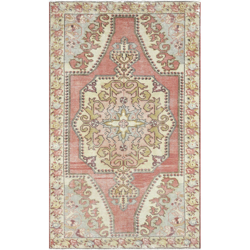 One-of-a-Kind Hand-Knotted 1960s 4'5" x 7'3" Wool Area Rug in Red/Yellow/Pink/Ivory