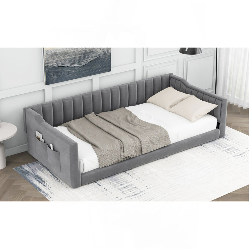 Twin XL Size Upholstery Daybed And Side Storage Pocket,Gray, Gray, Twin XL