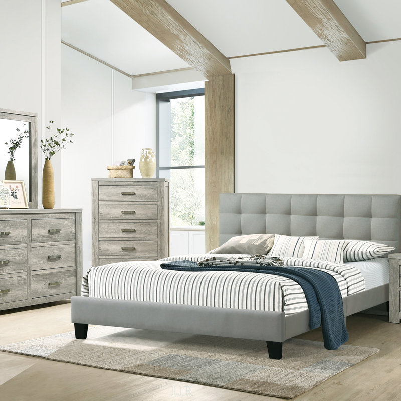 Lit plateforme moderne avec tête de lit capitonnée en polyfibre, aucun sommier requis, Gris, Lit double