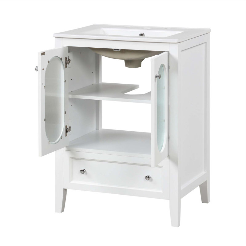 Meuble-lavabo 24 po avec lavabo, meuble-lavabo avec tiroir et portes en verre, tablette réglable