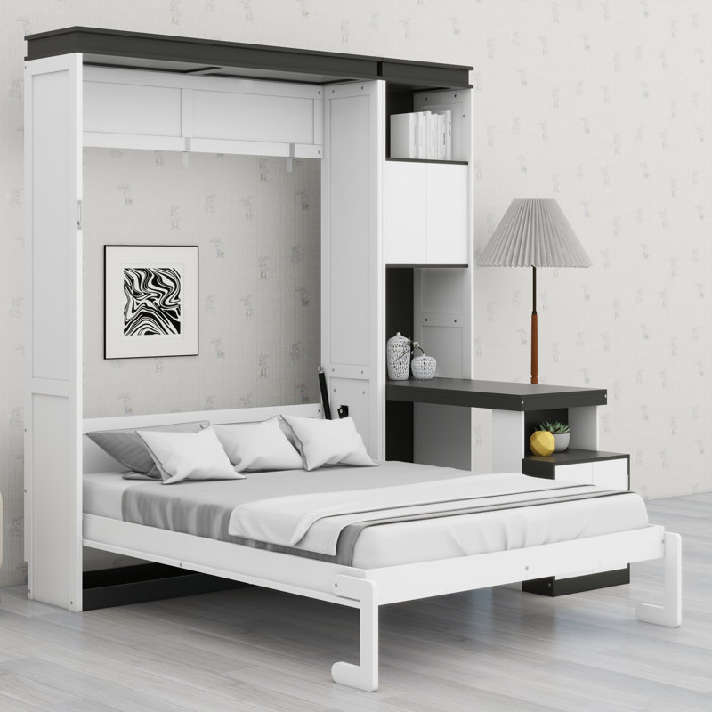 Lit escamotable minimaliste avec bureau, tablettes et armoires intégrés, Double