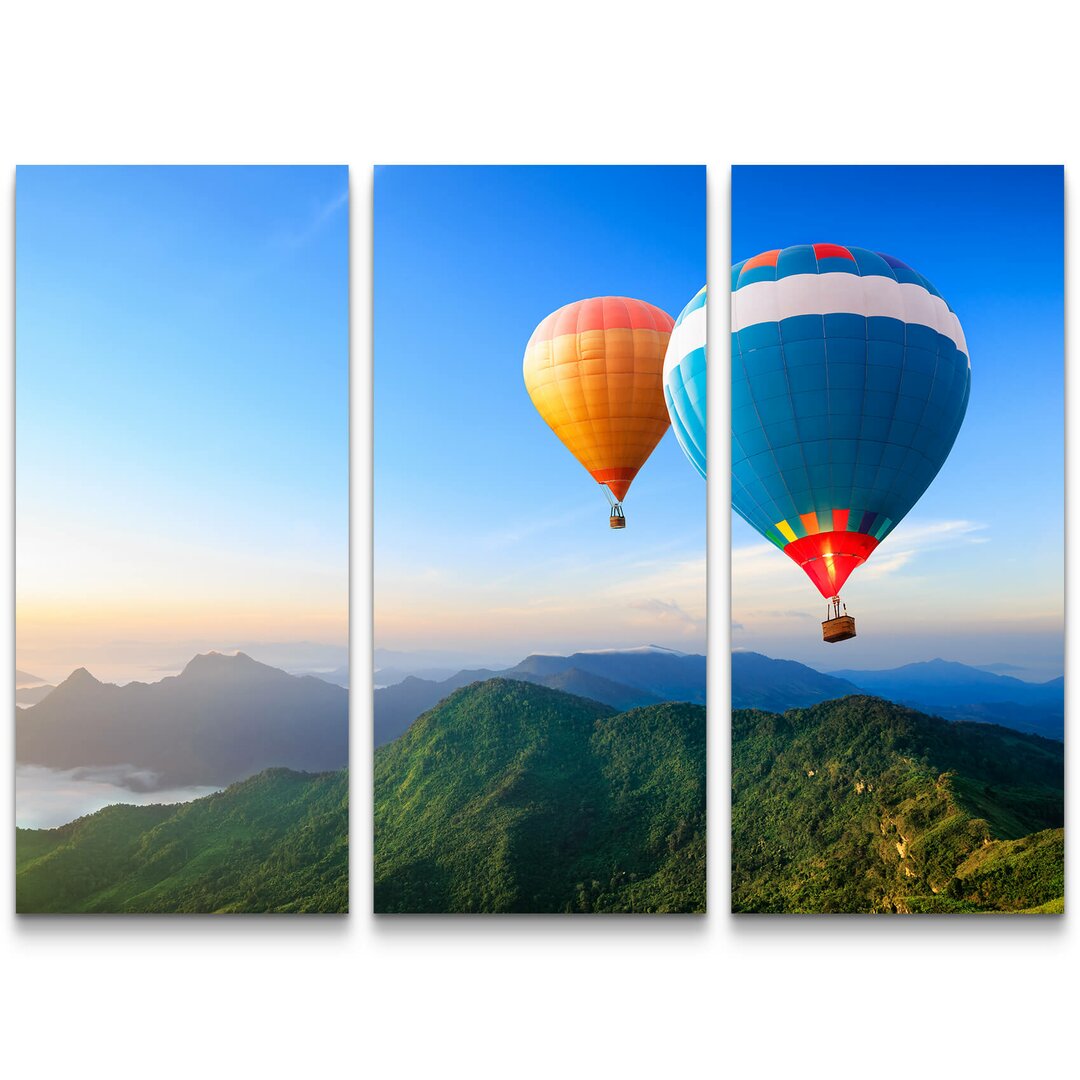 3-tlg. Leinwandbilder-Set Farbenfrohe Heißluftballons über Bergkette