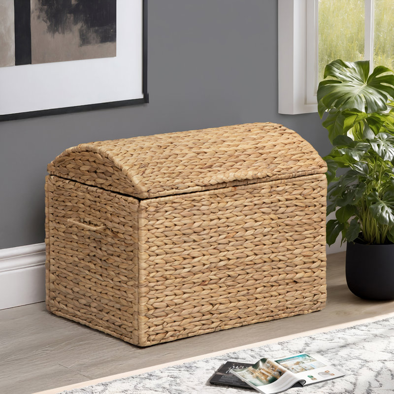 Heavy-duty Water Hyacinth Wicker Storage Trunk with Metal Frame and Arch Lid