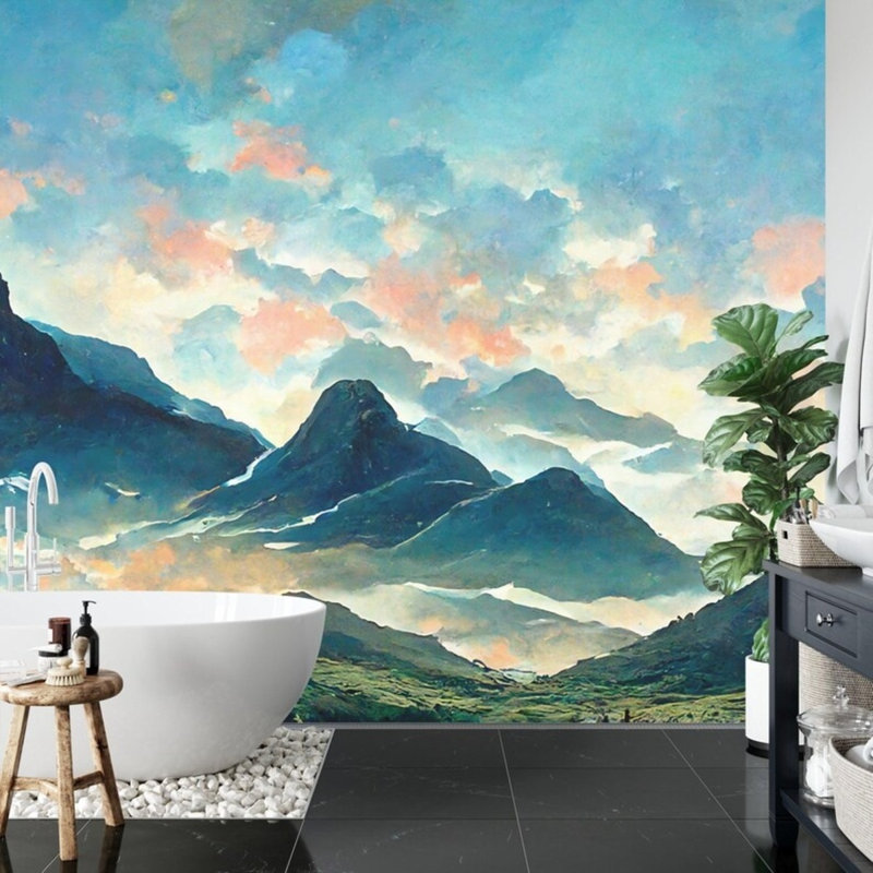 Teal Watercolor Mountain Landscape Wallpaper Mural, 96" L x 108" W