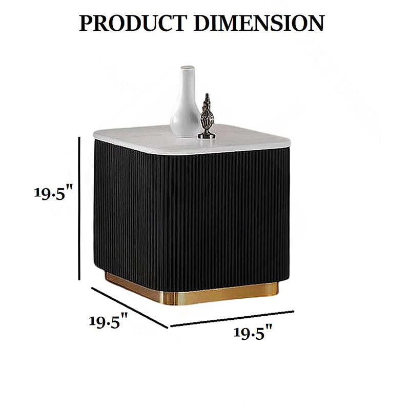 Table de bout carrée 1pc de style contemporain avec plateau en marbre et base dorée, base noire et salon principal