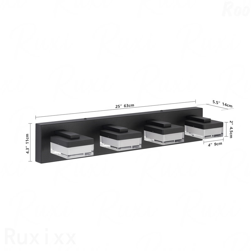 Luminaire de meuble-lavabo 24 W à 4 lumières DEL en métal noir à intensité variable, blanc froid 6 000 K, finition mate