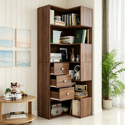 Bibliothèque d'angle moderne en L avec 3 tiroirs, bibliothèque ouverte à 6 niveaux pour le salon, le bureau personnel et la chambre à coucher