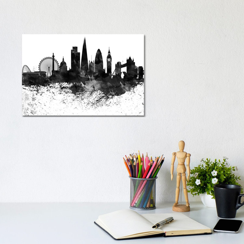 London Black & White Drops Skyline by Wall Decor Addict - Wrapped Canvas Painting, 20.32 cm H x 30.48 cm W