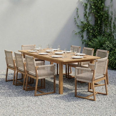 Cullors 9-Piece Modern Coastal Acacia Wood Patio Dining Set With Rope-Woven Armchairs And Expandable Slatted Table