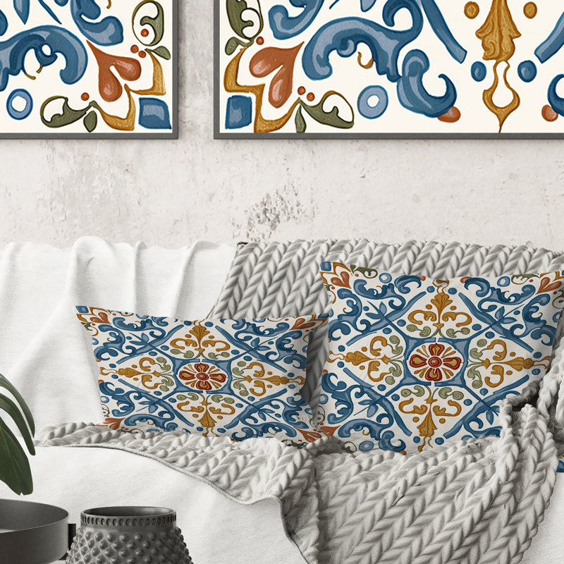Mediterranean Tiles In Retro Blue V - Abstract Tile Printed Throw Pillow