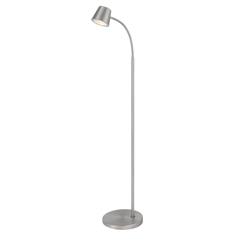 Lampe sur pied en métal à col de cygne, hauteur 130 cm, finition nickel satiné mat, avec éclairage DEL