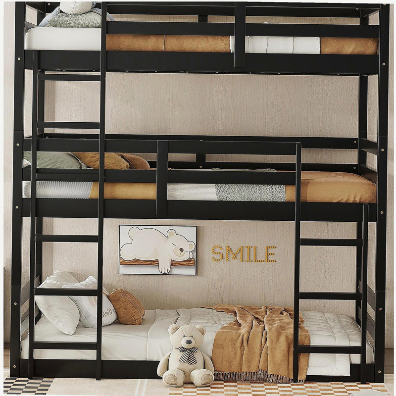 Lits simples superposés en bois d'hévéa avec deux échelles intégrées, garde-corps pleine longueur, lits simples superposés et triples amovibles