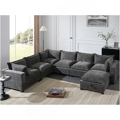 Canapé modulaire de 118 po avec repose-pieds de rangement mobile, canapé 7 places en forme de U, siège large et combinaison libre, canapé surdimensionné en chenille pour le salon et l’appartement, 2 couleurs