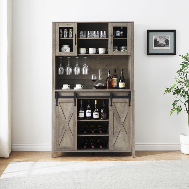 Armoire-bar 70 po avec portes de grange coulissantes et tablettes de rangement, Gris