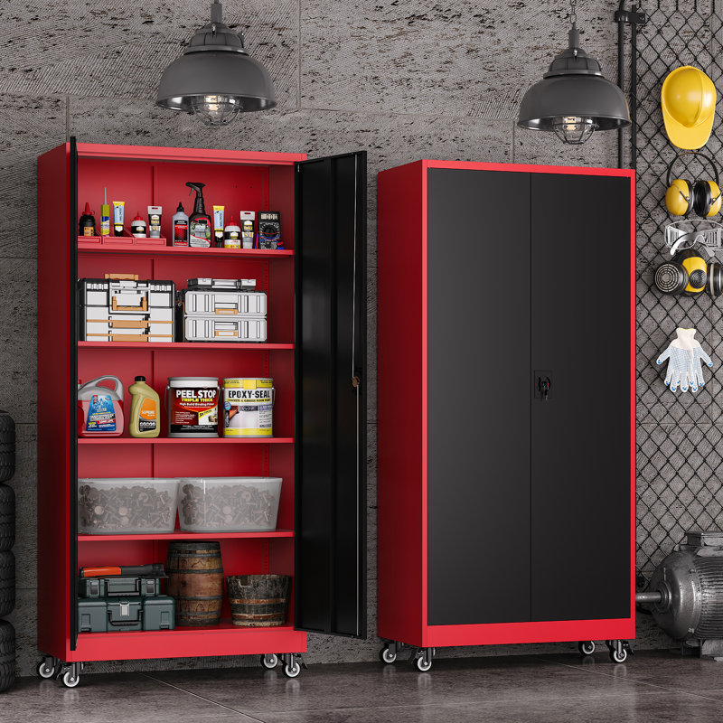 5-Tier Lockable Steel Storage Cabinet With Wheels (74.5"H X 31.5"W X 15.75"D), Red/Black