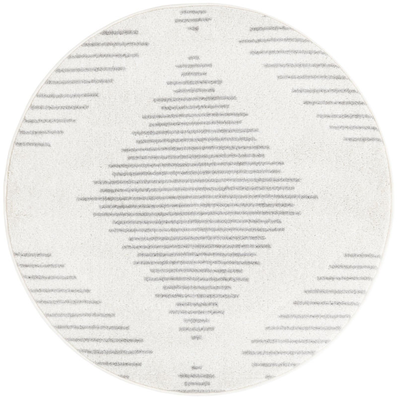 Tapis gris / ivoire en polypropylène tissé à la machine Laidy, Rond 3 pi 3 po
