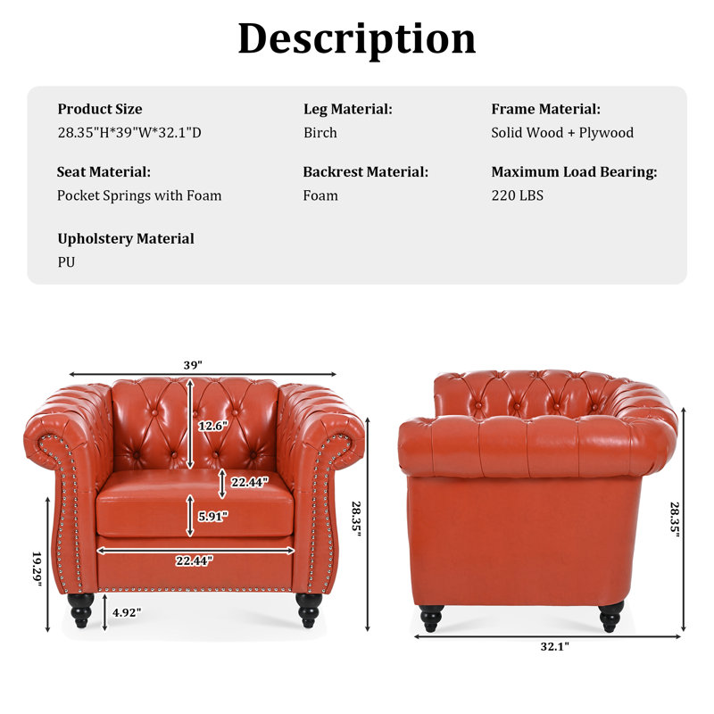 Fauteuil Chesterfield l 39 po Fairport, Similicuir orange
