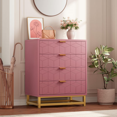 Commode moderne à 4 tiroirs - Armoire de rangement spacieuse avec poignées en métal doré et pieds fuselés - Rangement parfait pour la chambre à coucher, le salon, le couloir, le vestibule - rose