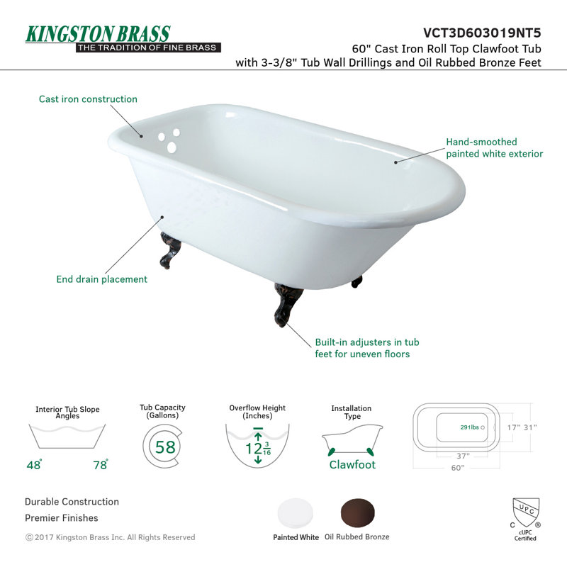 Kingston Brass Aqua Eden 60-Inch Cast Iron Oval Rectangular Roll Top Clawfoot Tub (3-3/8-Inch Wall Drillings)