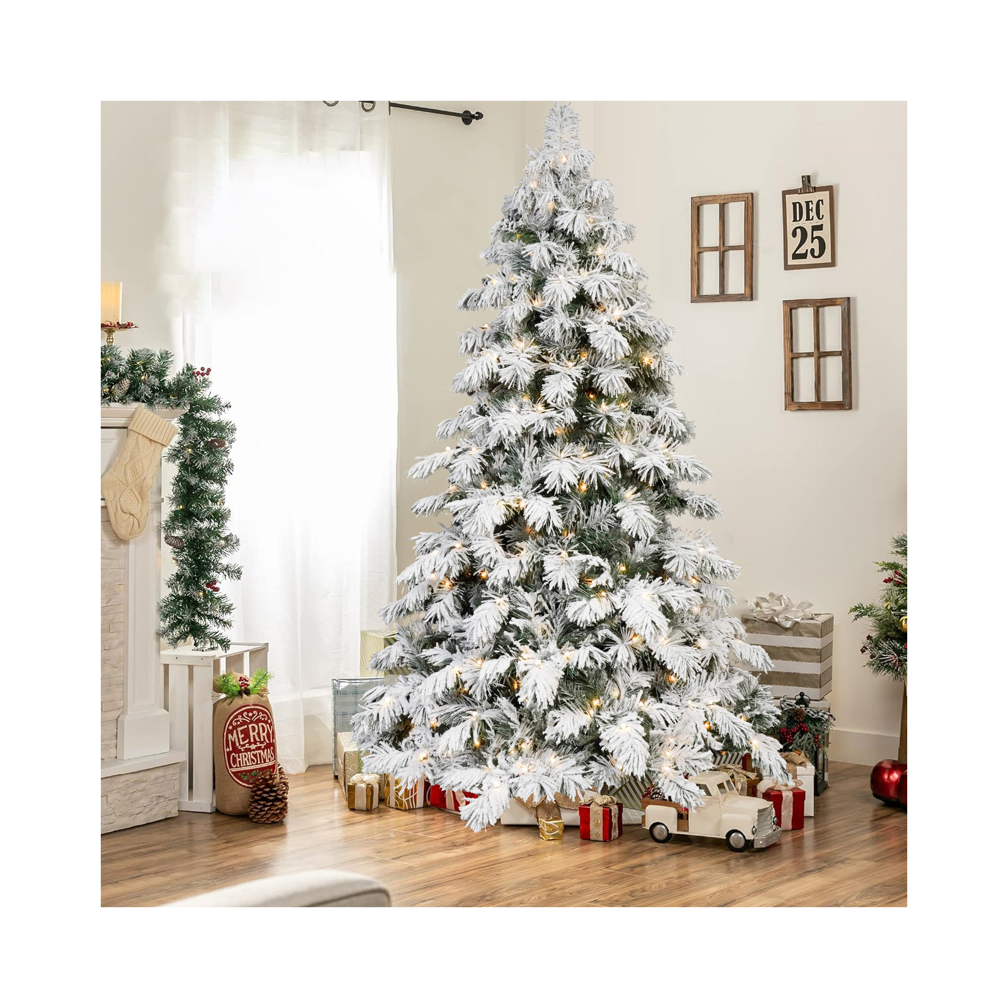 Pre-Lit Snow Flocked Christmas Tree with PVC Branches, LED Lights, Foldable Metal Base, 8'