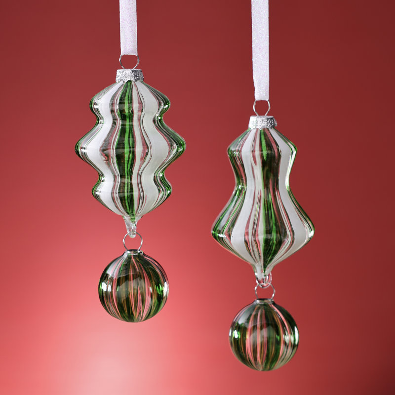 Ornements de Noël artisanaux en verre soufflé transparent vert et blanc, 2 modèles assortis, lot de 6
