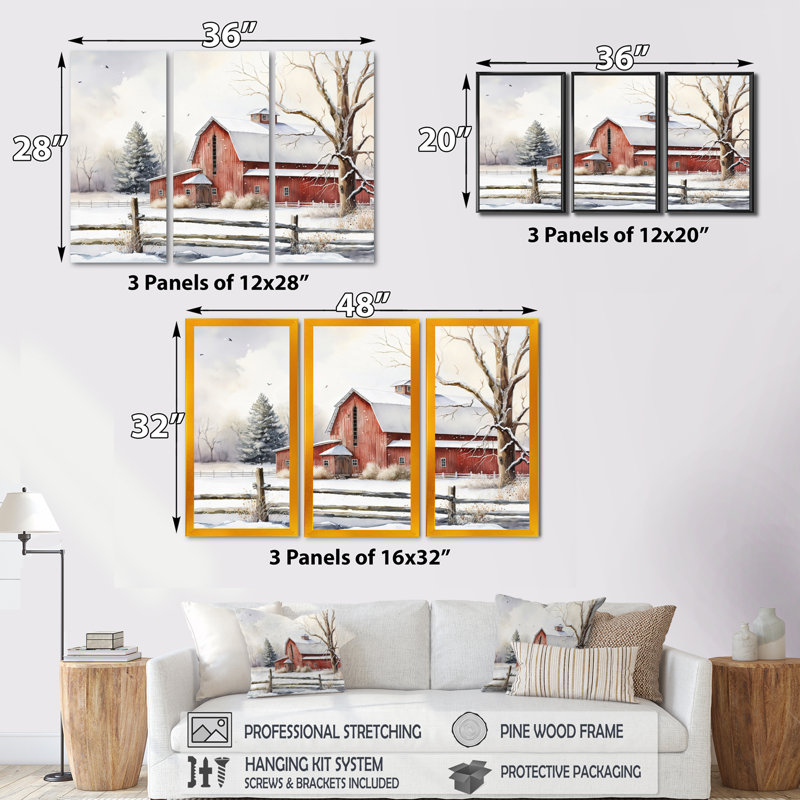 Calm Red Barn In Winter II - ensemble d'art mural sur toile Farmhouse, H 28 po x l 36 po x P 1 po, Cadre noir