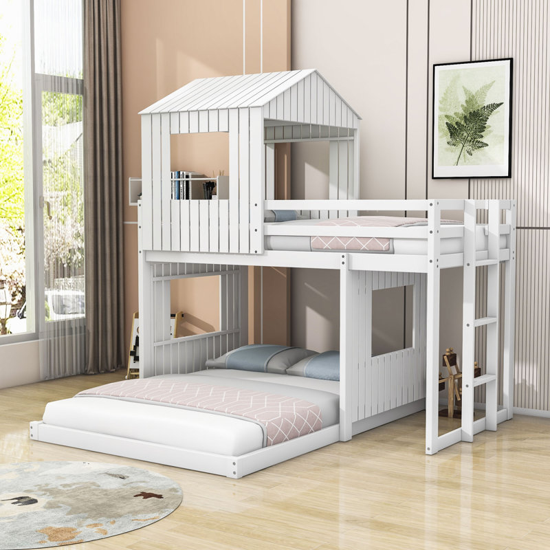 Lits simples superposés en L en bois, lit maison, Blanc