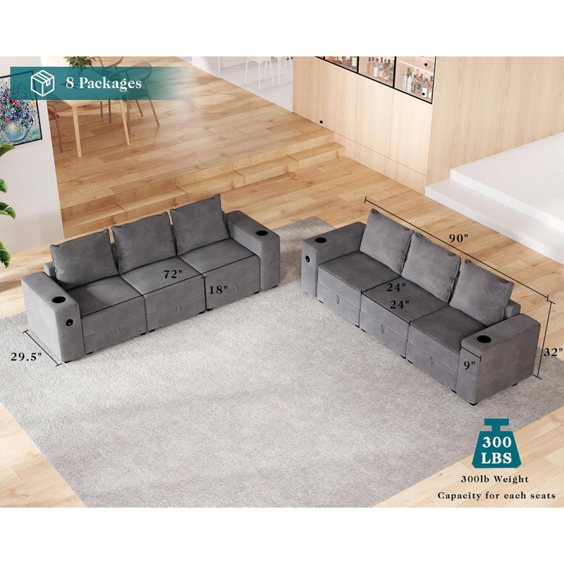 Dille Sectional Sofa, Modular Sectional Sofa with 2 USB Ports & Cup Holders, 3-Seater 2 Piece Set Couch with Storage, Ottomans Sofa Couch