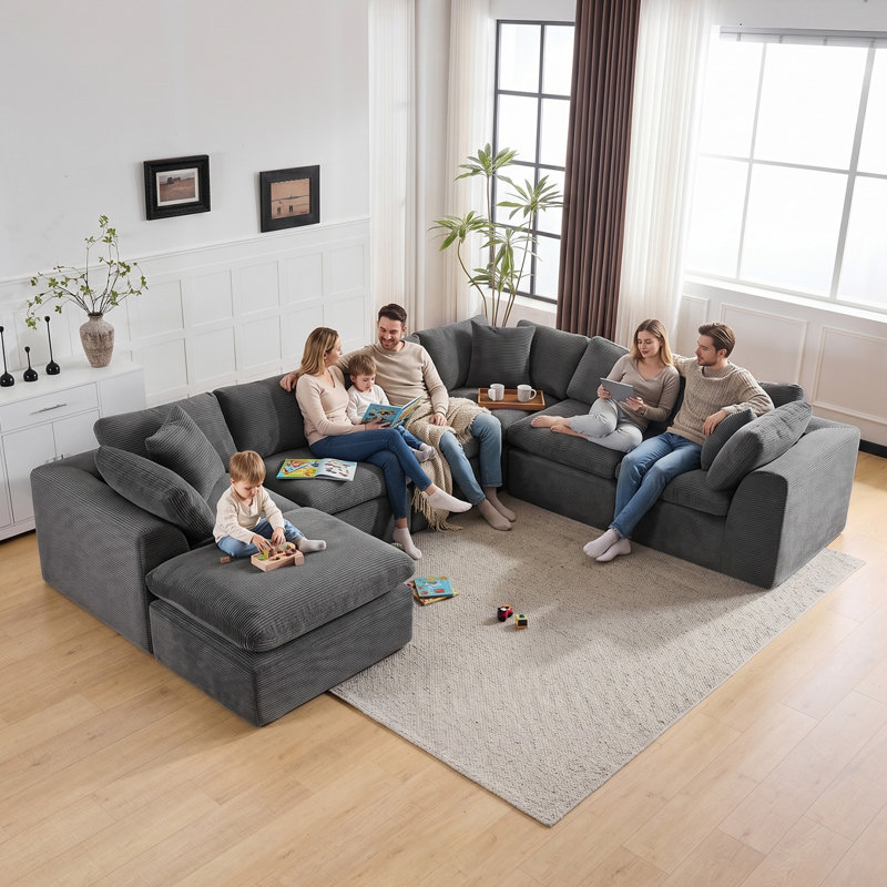 138" Oversized Chenille 7 Seater Sectional Couch, Compression Sofa No Assembly Required, Dark Gray , Gray Corduroy