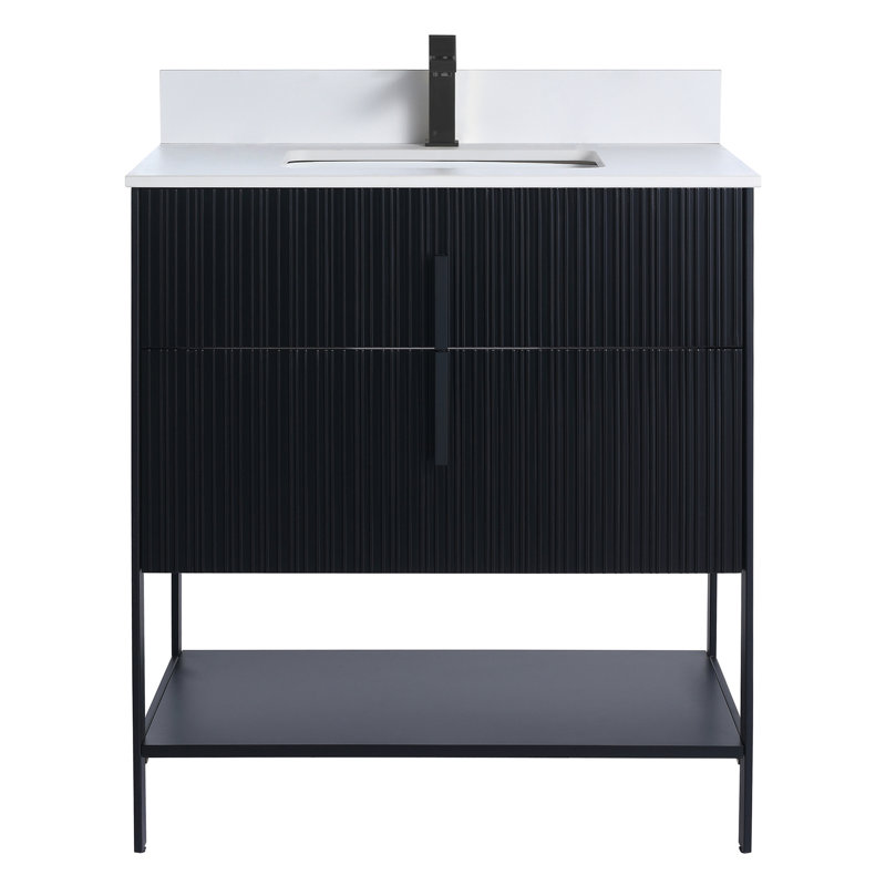 Meuble-lavabo moderne avec plateau en pierre Serenity, Noir mat / noir, 30", Pierre artificielle blanche
