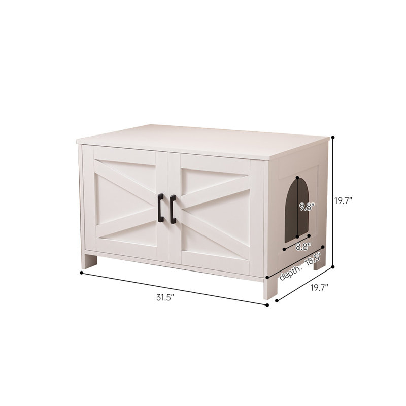 White Engineered Wood Cat Litter Box Enclosure with Barn Door