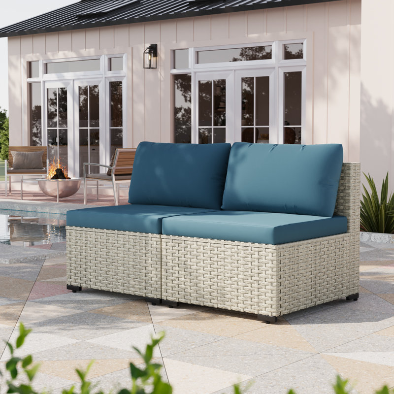 2 Pieces Design- Rattan Patio Sofa With Cushions, Peacock Blue