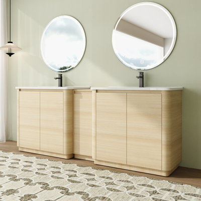 Riven 48''–92'' Freestanding Bathroom Vanity with Ceramic Sink and Small Storage Cabinet, American White Oak Plywood Vanity Set with Soft-Close Doors and Adjustable Shelves