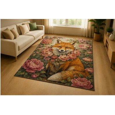 "Ultra Thin" 5' x 7'Fox Peony Blossom Area Rug for Living Room, Soft Low Pile Indoor Rug with Non-Slip Silicone Backing, Woodland Wildlife Floral Decor for Bedroom, Office, Family Room, Orange Pink