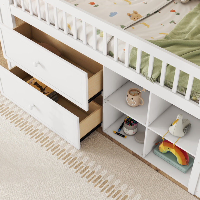 Lit mezzanine avec éclairage à DEL, bibliothèque, escalier, tiroirs et tablettes de rangement, une solution fonctionnelle et peu encombrante pour les chambres d'enfants